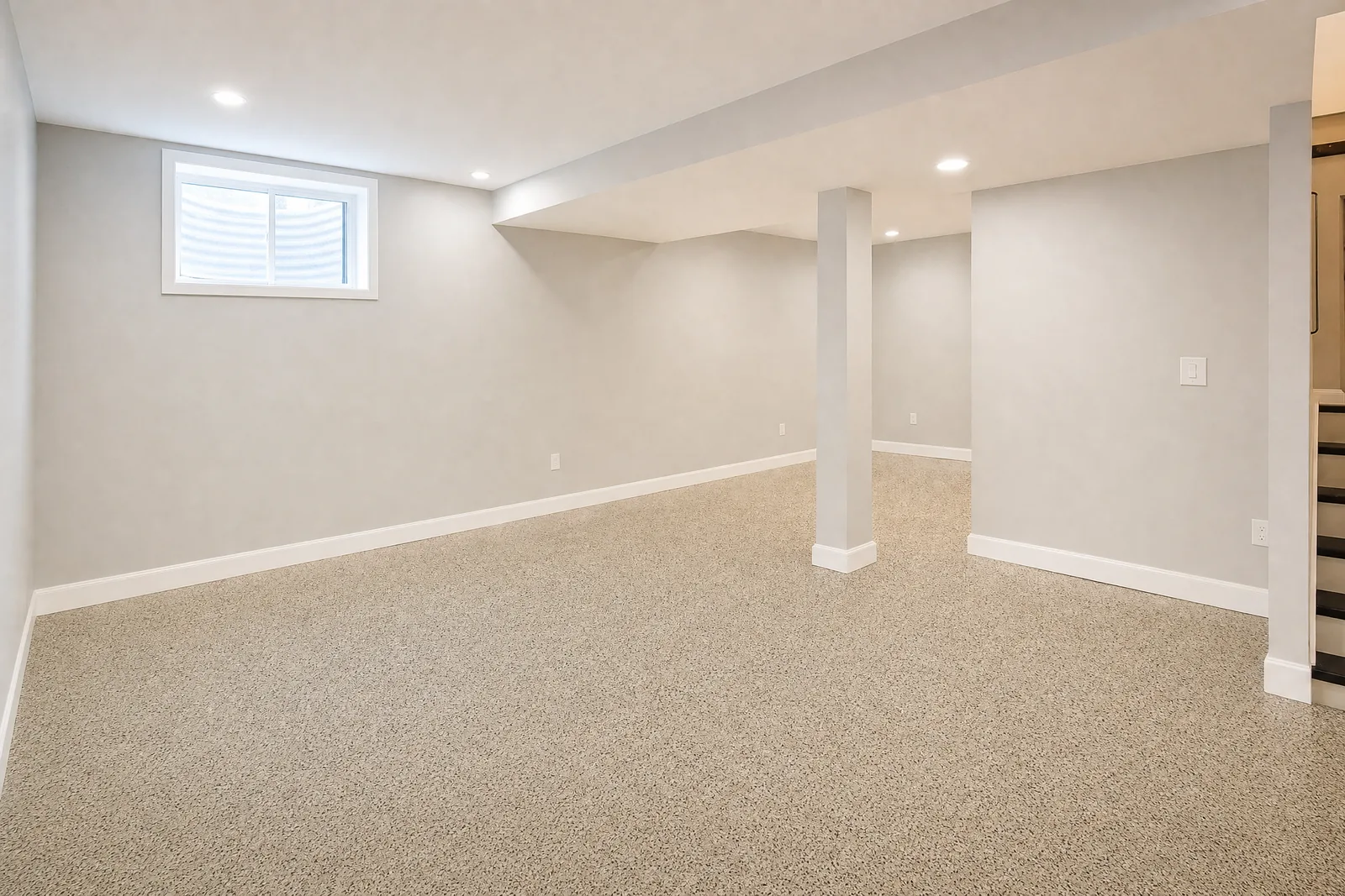 Illustrative finished basement with a coated floor in a living area