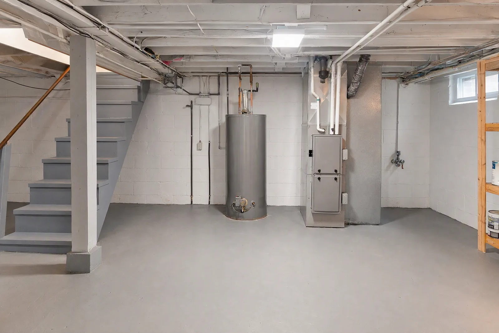 Illustrative utility basement with coated floor around mechanical equipment