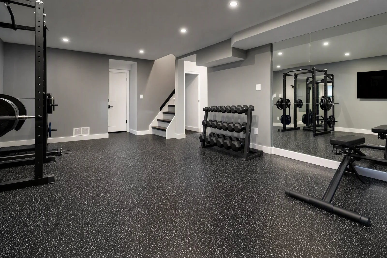 Illustrative home gym basement with a durable coated floor