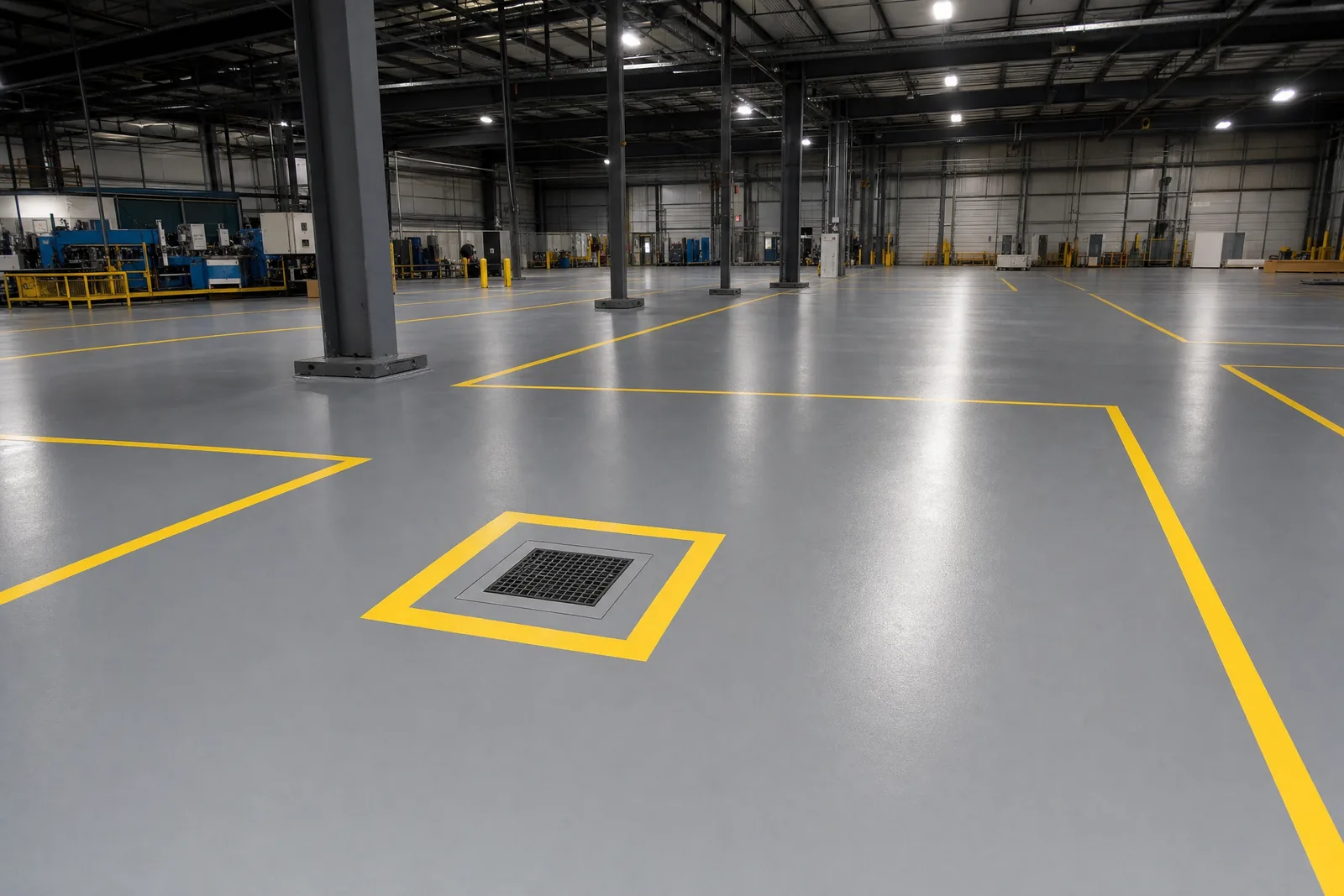 Illustrative shop floor after solid coating and safety striping