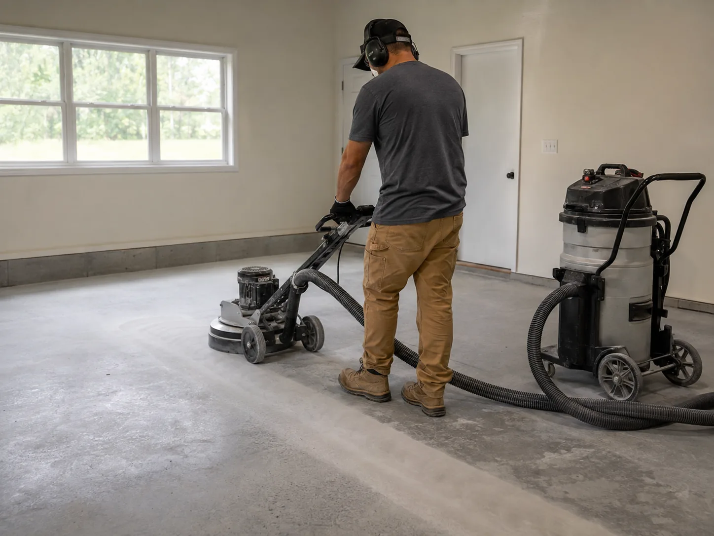 Worker in PPE operating a walk-behind concrete grinder with dust extraction