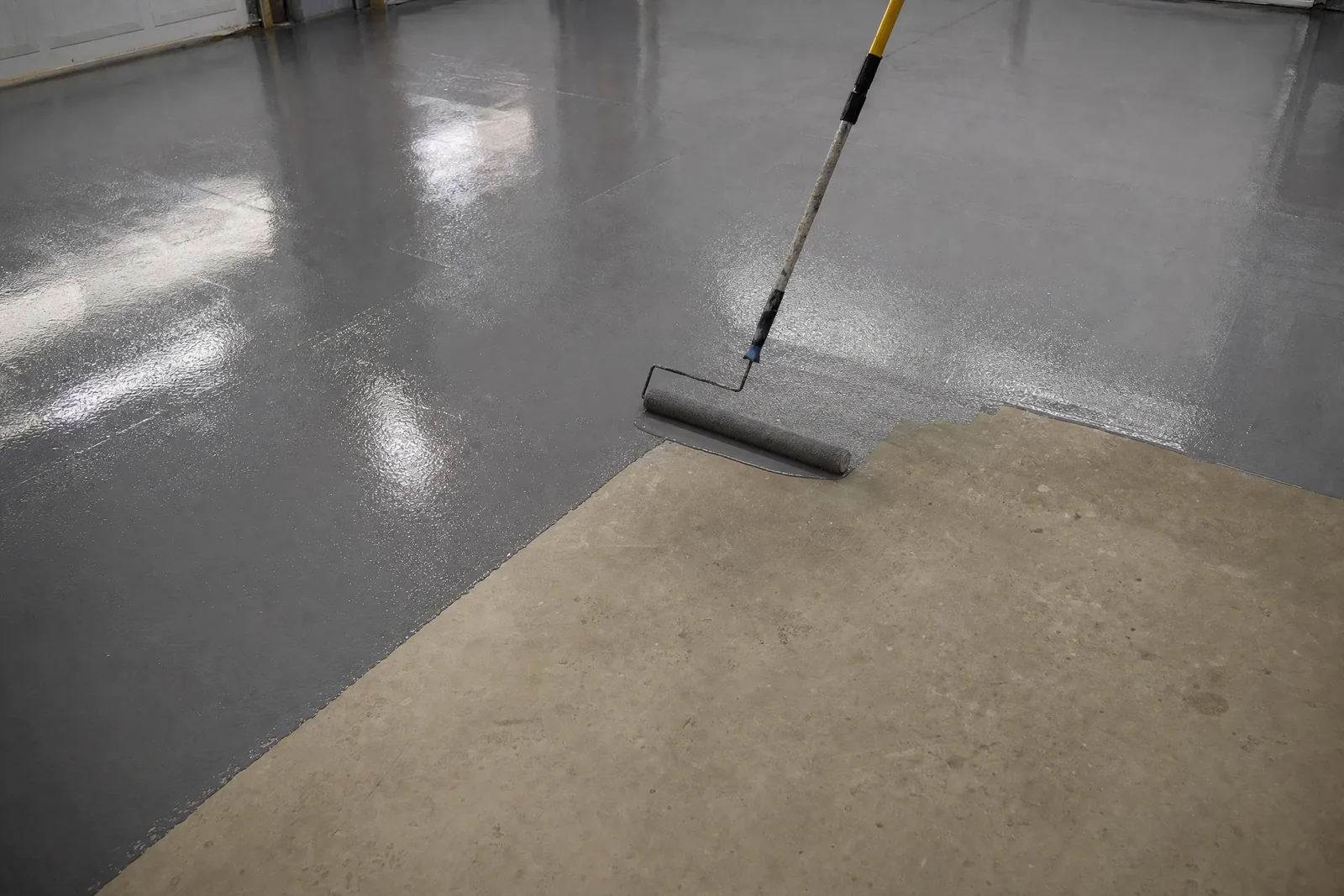 Illustrative basecoat being rolled during a garage floor coating install