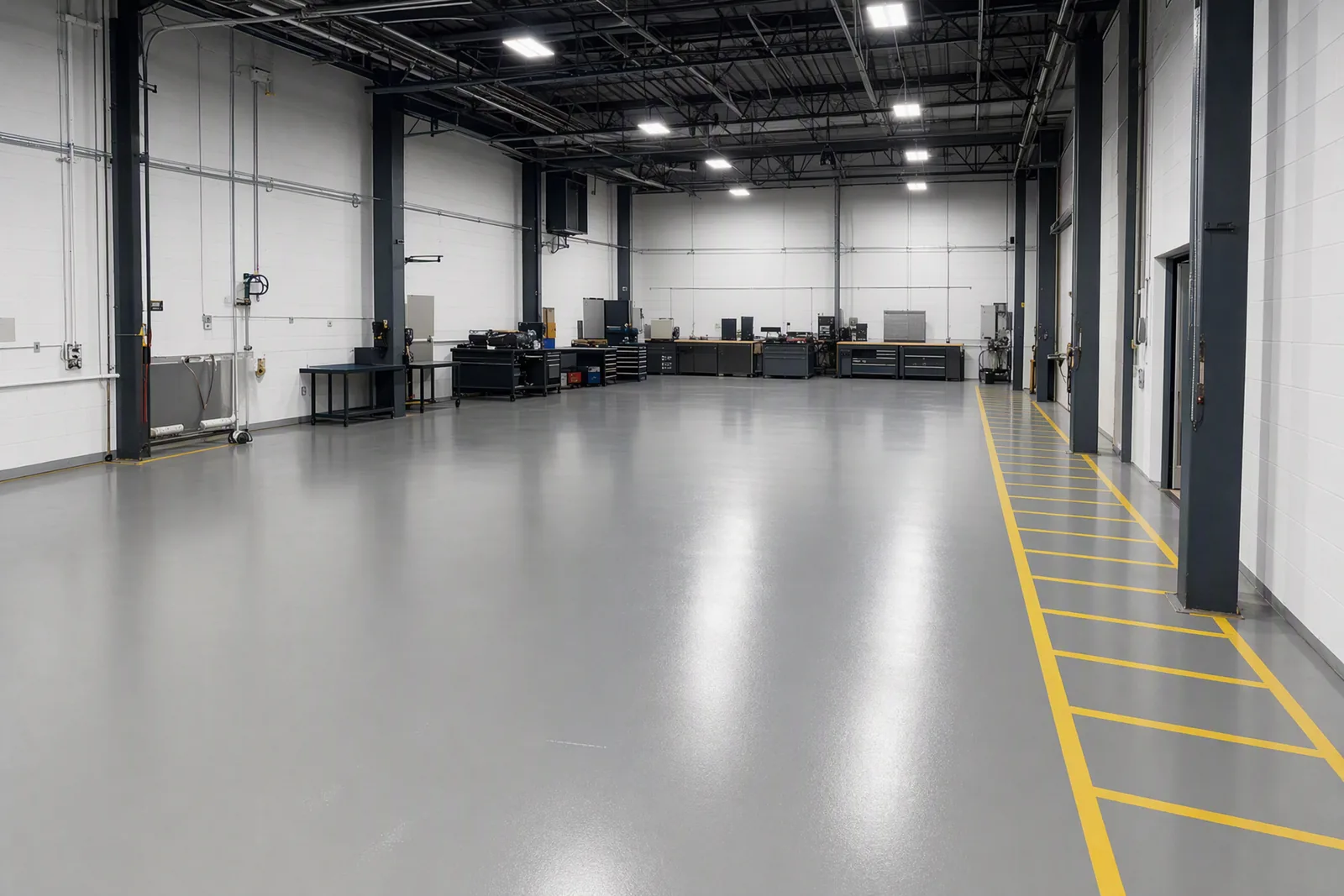 Commercial shop floor in solid grey epoxy with yellow safety striping