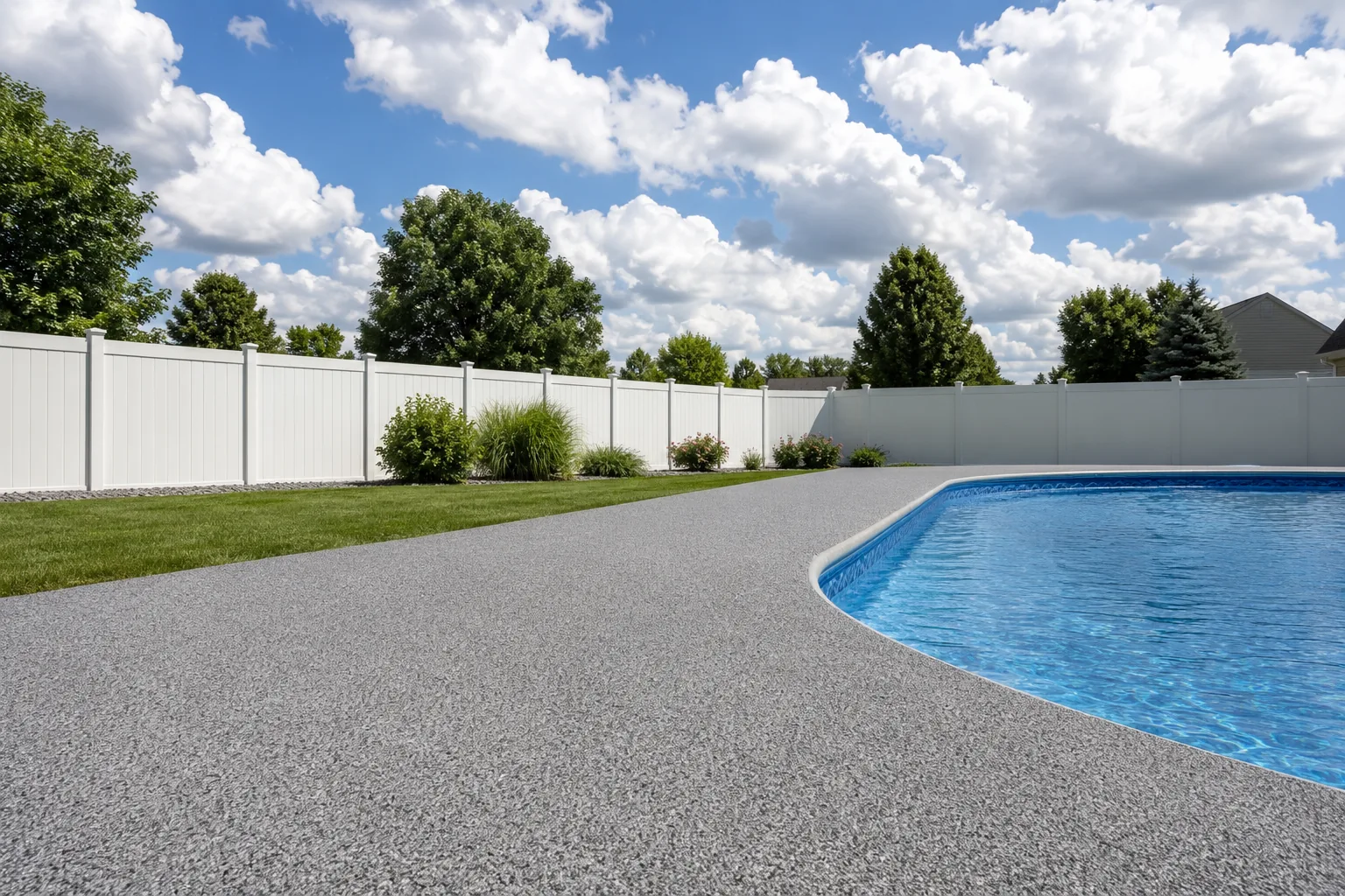 Illustrative residential pool deck with textured tan quartz broadcast coating beside a swimming pool