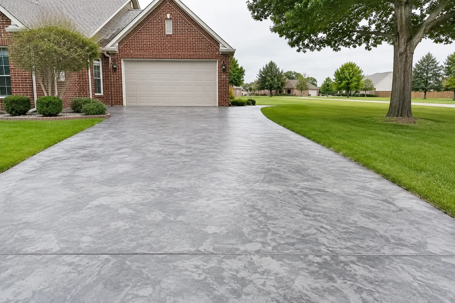Coated residential driveway in mottled grey decorative concrete beside a clipped green lawn